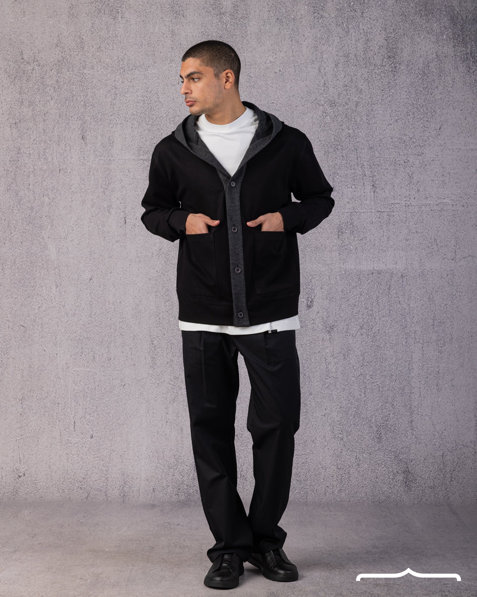 Layered Hooded Cardigan in Black