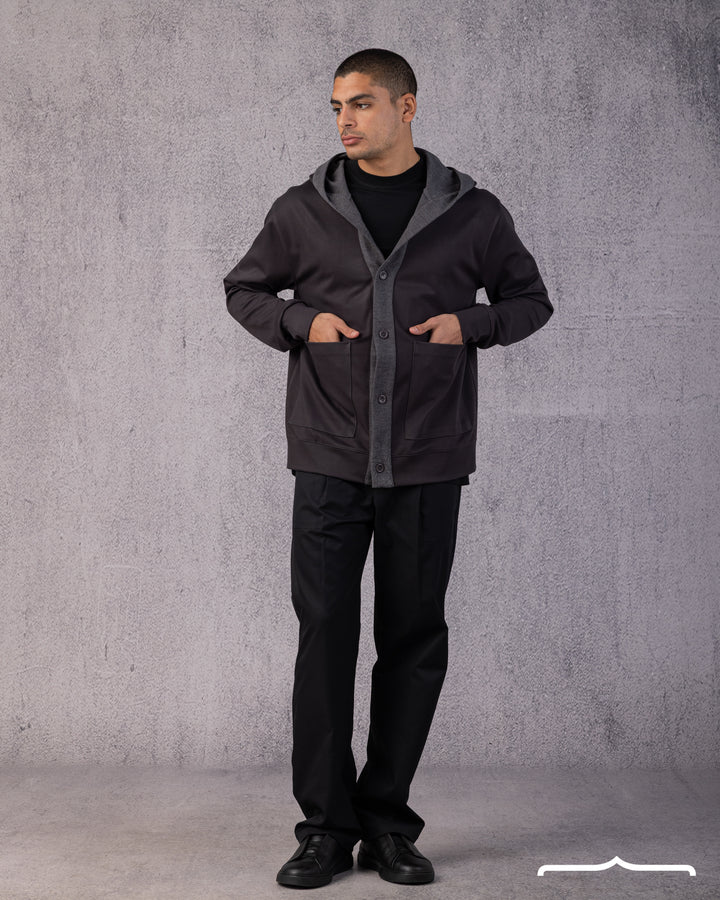 Layered Hooded Cardigan in Dark Grey