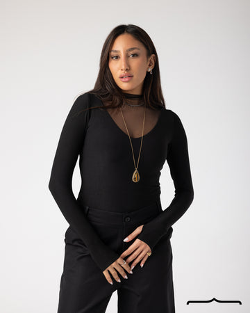 Mesh Top with Finger Cut Out Detail in Black
