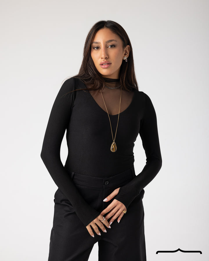Mesh Top with Finger Cut Out Detail in Black