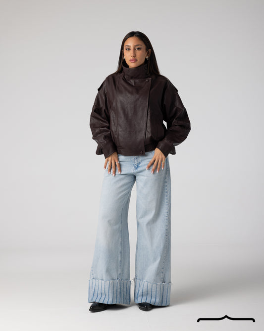 Funnel Neck Structured Burgundy Leather Jacket