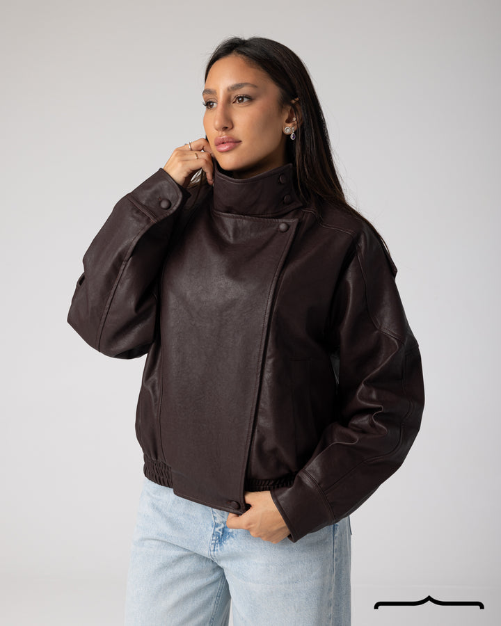 Funnel Neck Structured Burgundy Leather Jacket