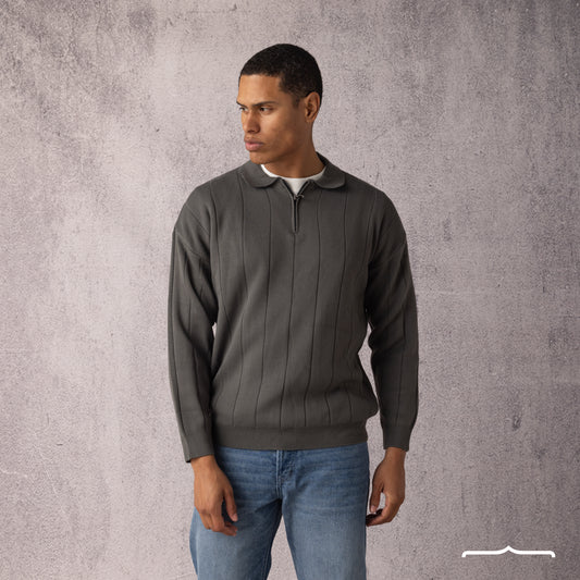 Long Sleeve Knitwear Polo in Olive