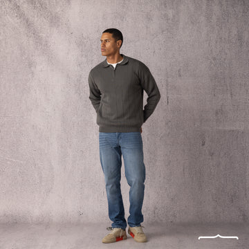 Long Sleeve Knitwear Polo in Olive