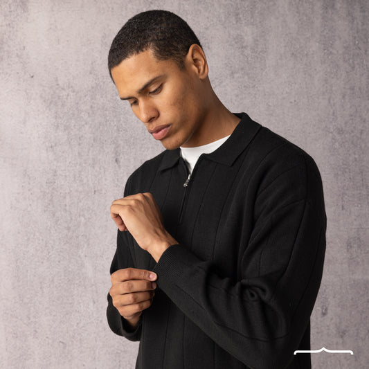 Long Sleeve Knitwear Polo in Black