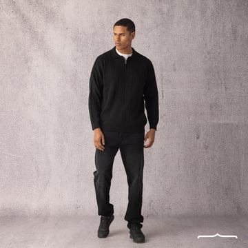 Long Sleeve Knitwear Polo in Black