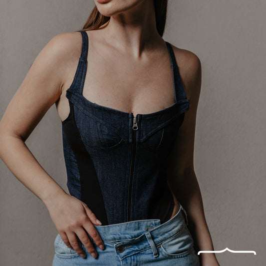 High leg denim bodysuit in Dark Blue