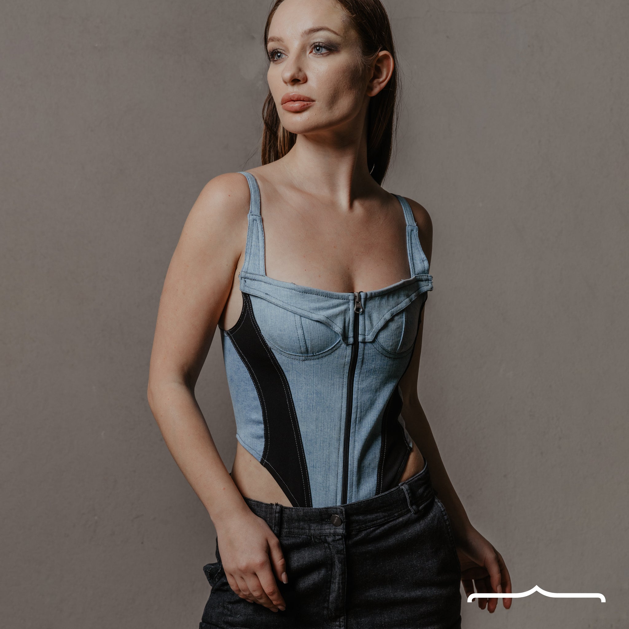 High leg denim bodysuit in Light Blue