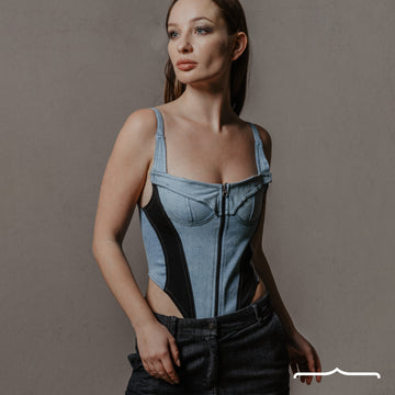 High leg denim bodysuit in Light Blue