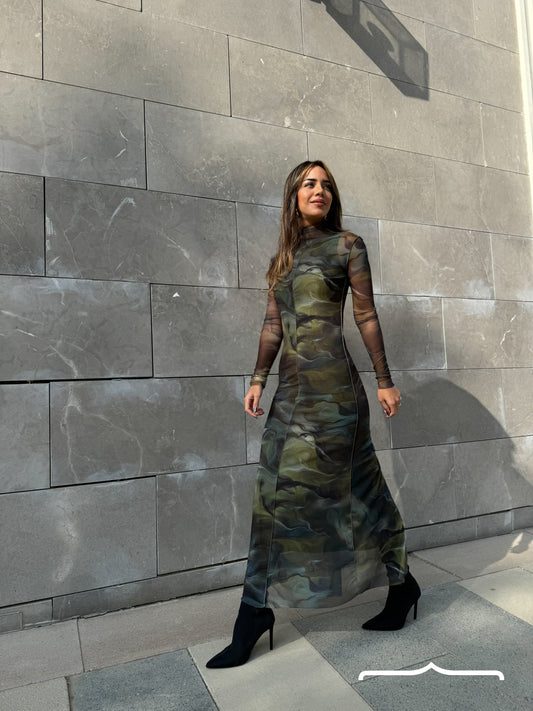 Abstract tulle dress in Olive