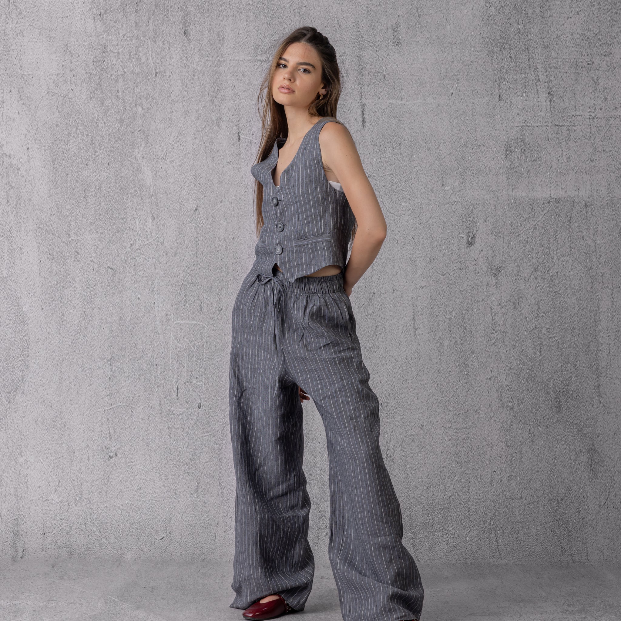 Vest Stripe Linen Set in Grey