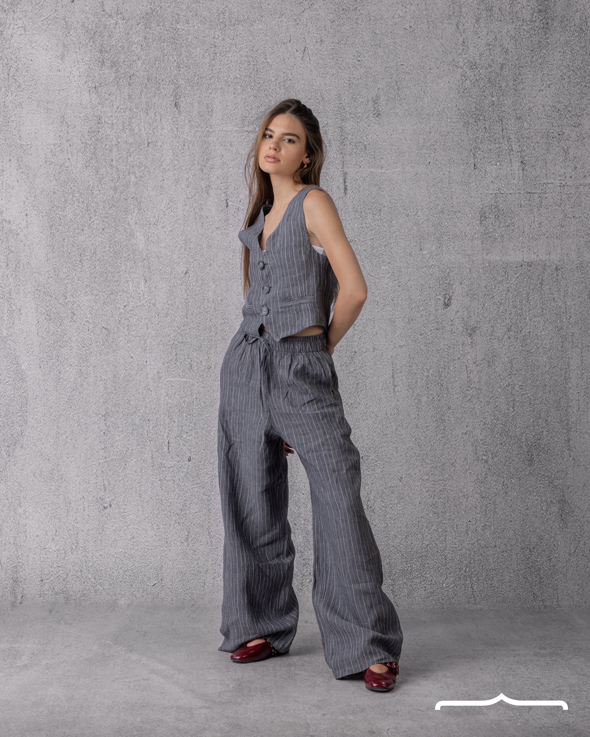 Vest Stripe Linen Set in Grey
