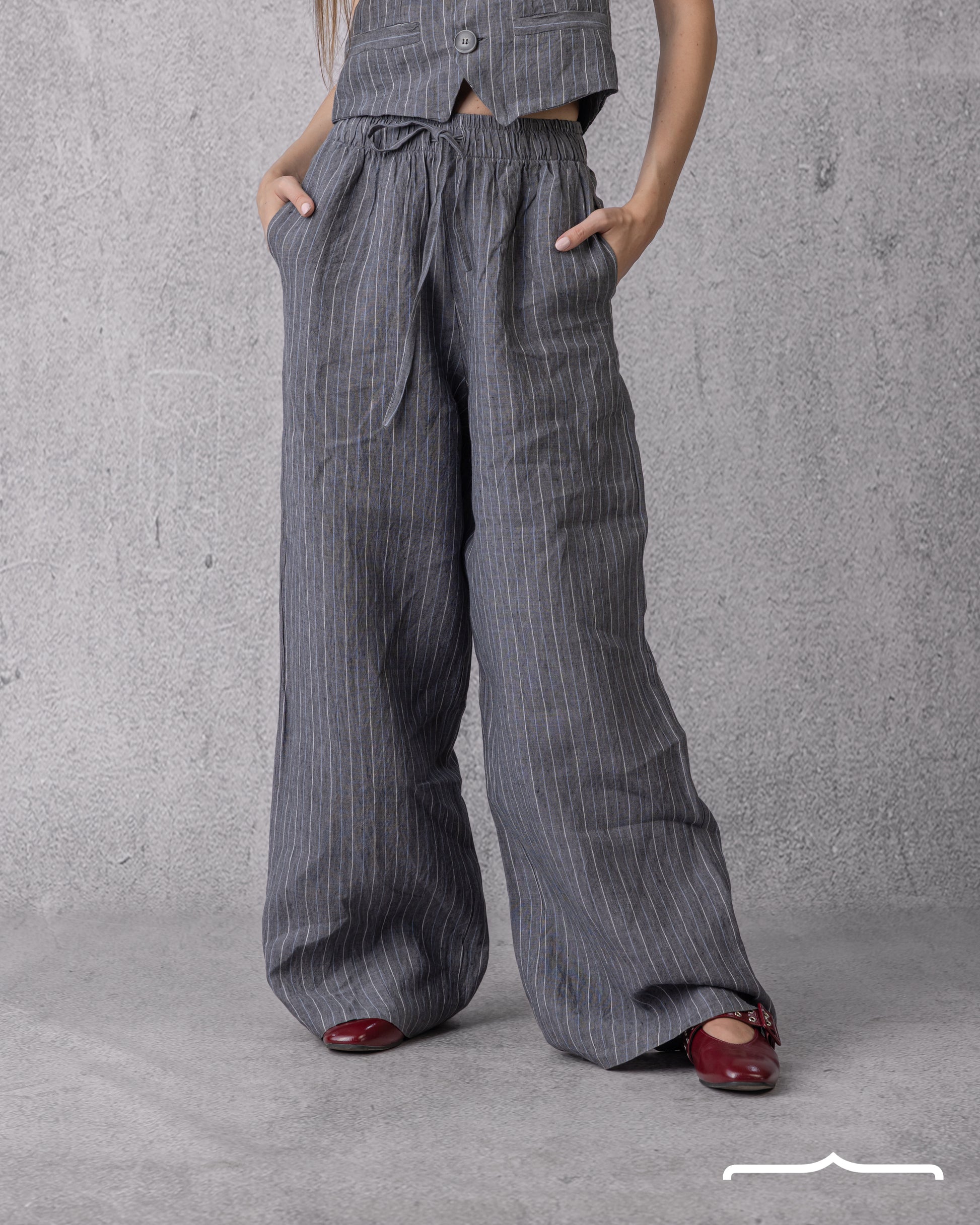 Vest Stripe Linen Set in Grey