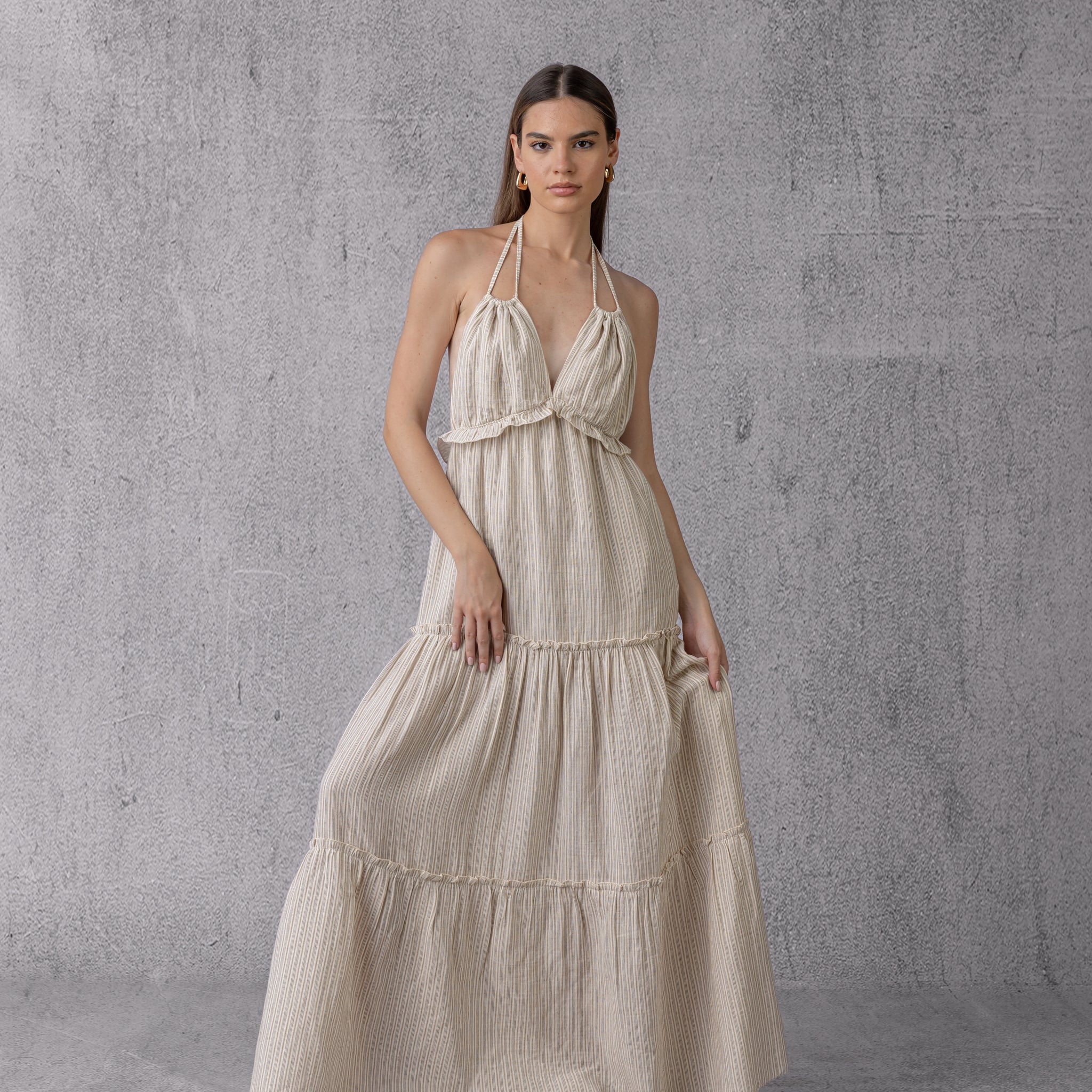 Pinstripe Flow Maxi Linen Dress in Beige