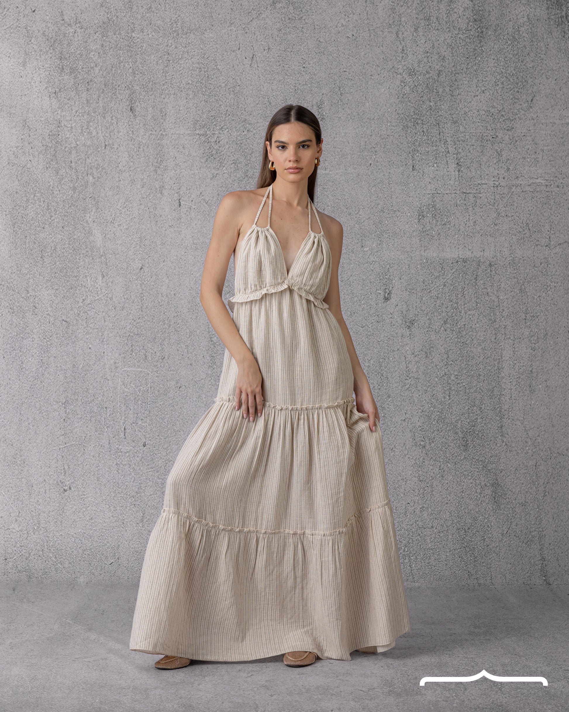 Pinstripe Flow Maxi Linen Dress in Beige