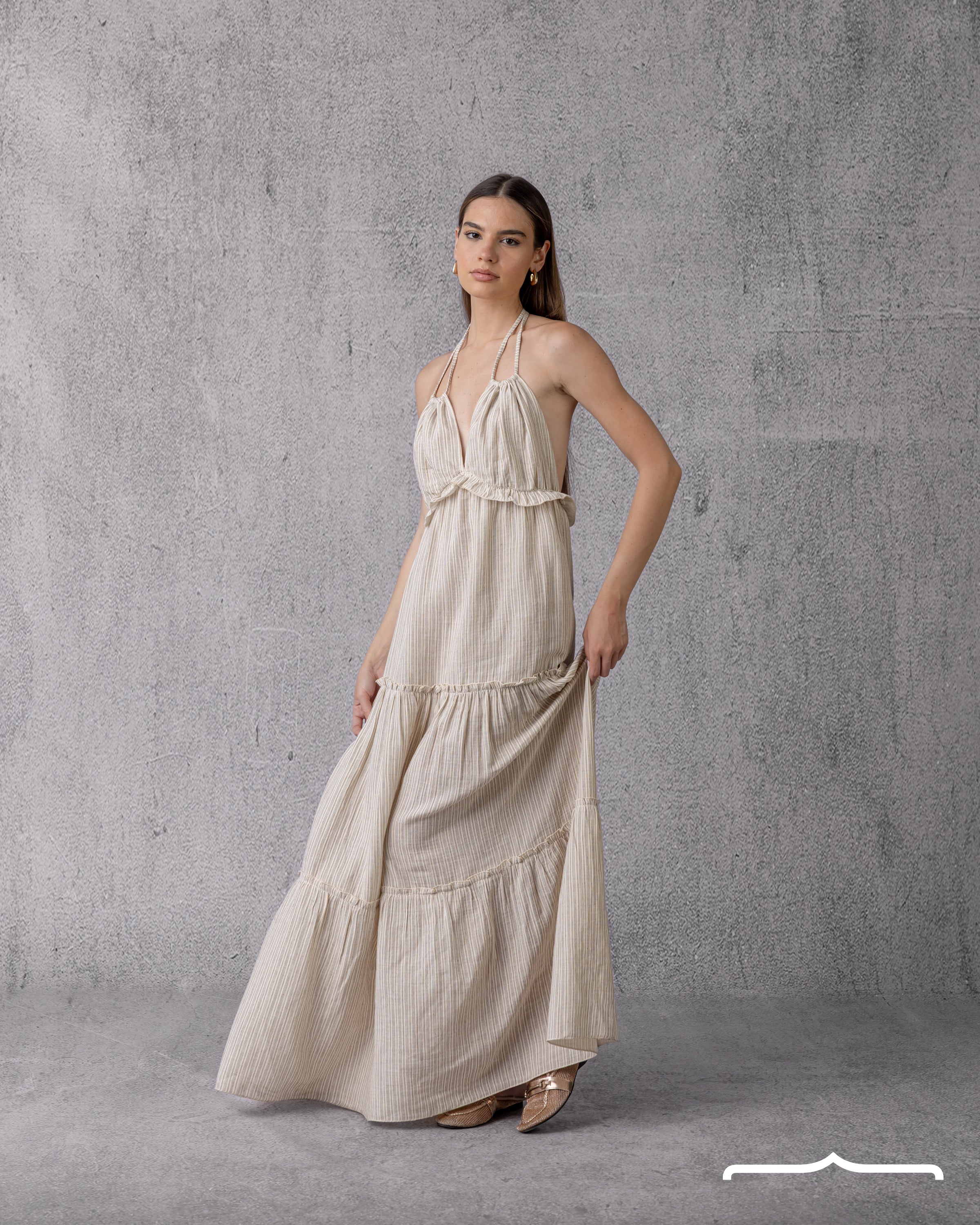 Pinstripe Flow Maxi Linen Dress in Beige