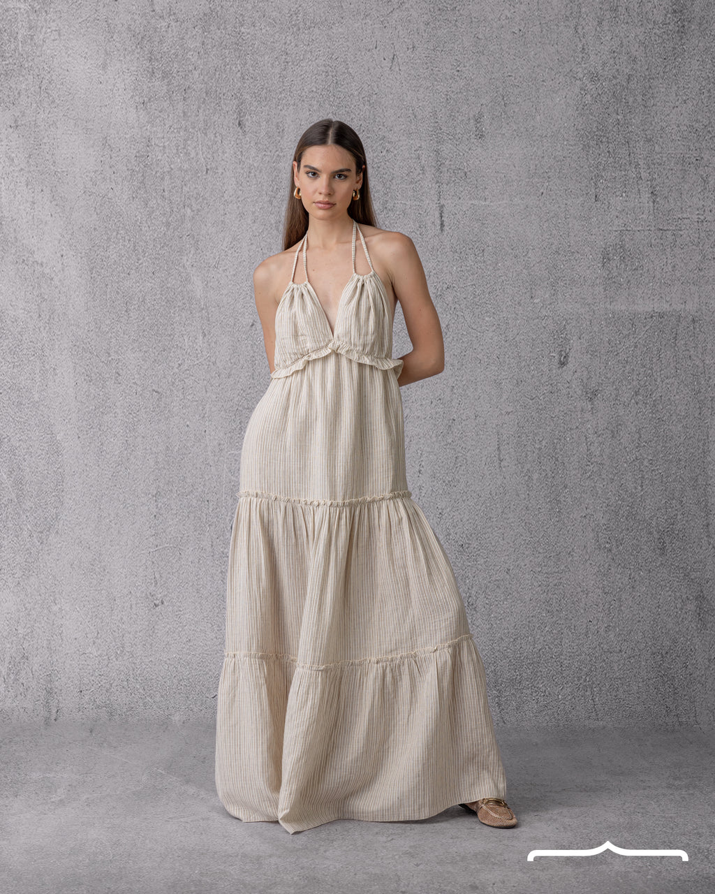 Pinstripe Flow Maxi Linen Dress in Beige