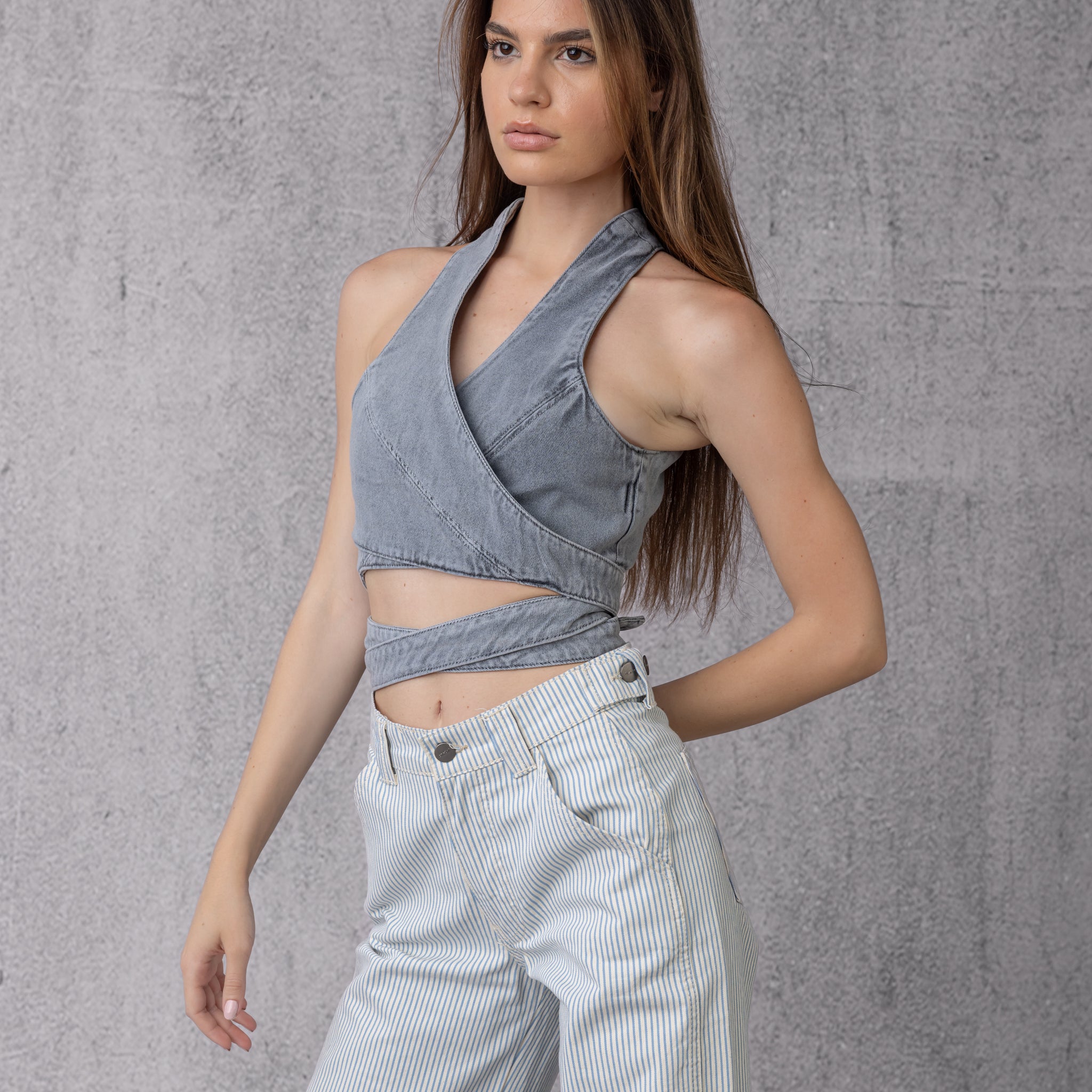 Wrap Denim Crop Top in Washed Grey