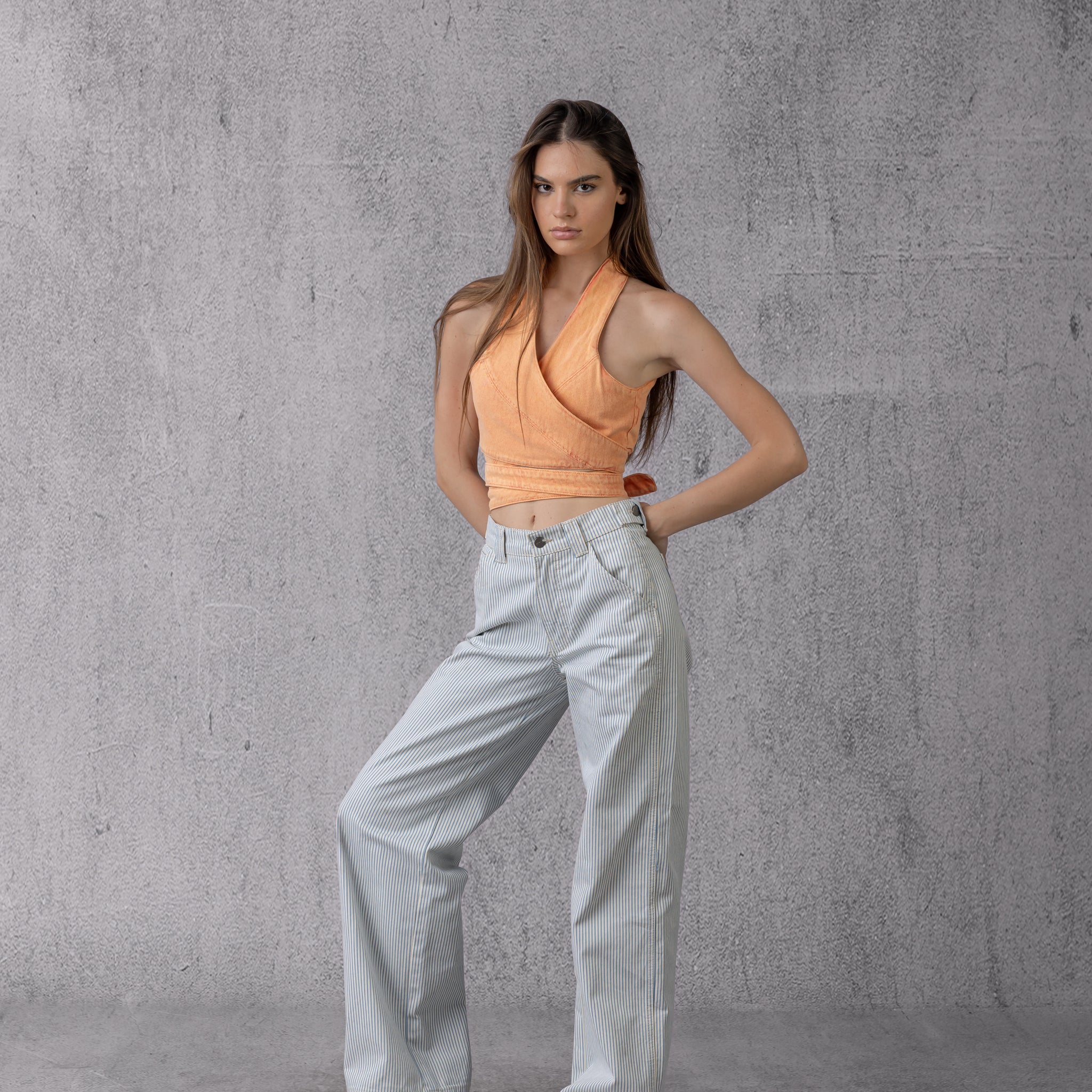 Wrap Denim Crop Top in Washed Orange