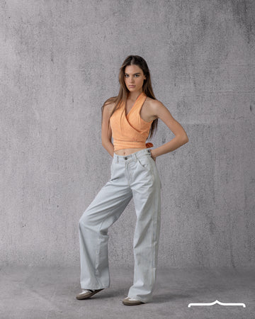 Wrap Denim Crop Top in Washed Orange