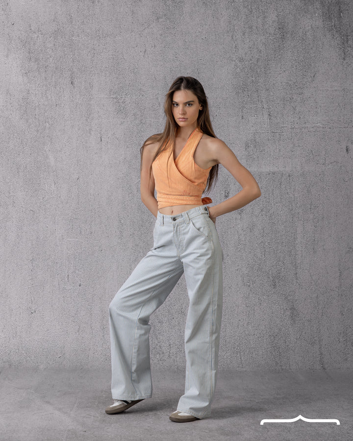 Wrap Denim Crop Top in Washed Orange
