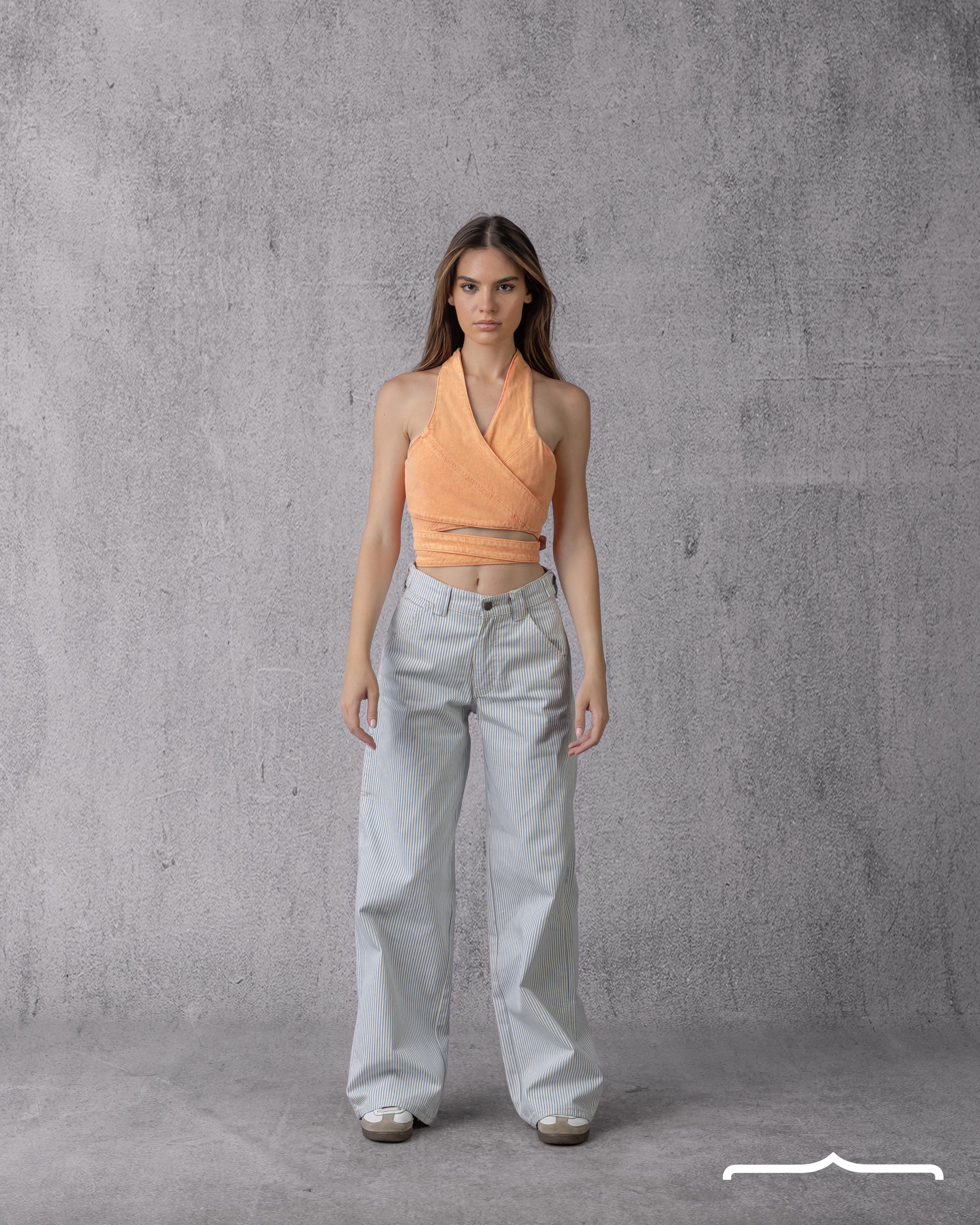 Wrap Denim Crop Top in Washed Orange