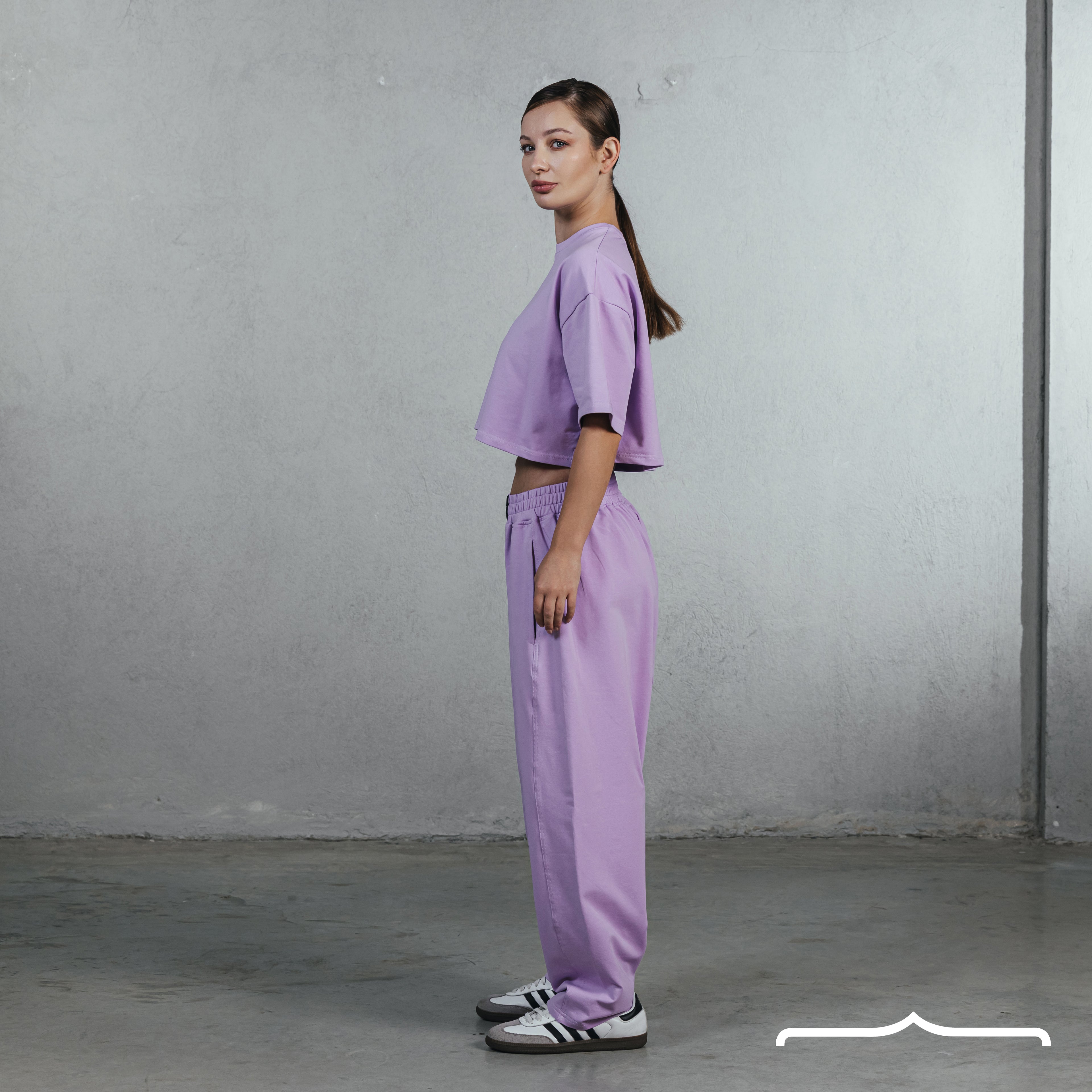 women lavender set with crop top and long pants