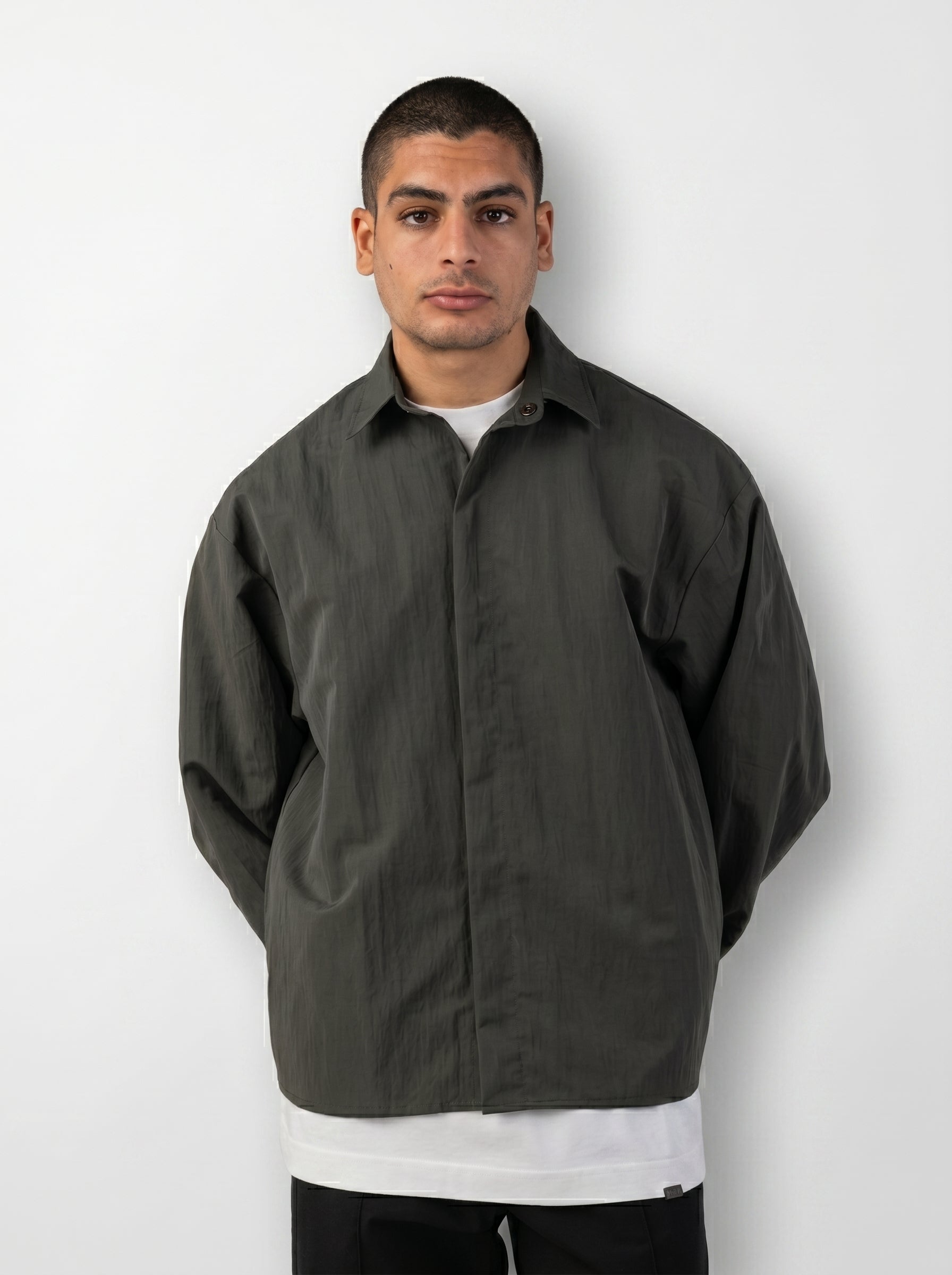 Structured Utility Oversize Waterproof Shirt in Olive