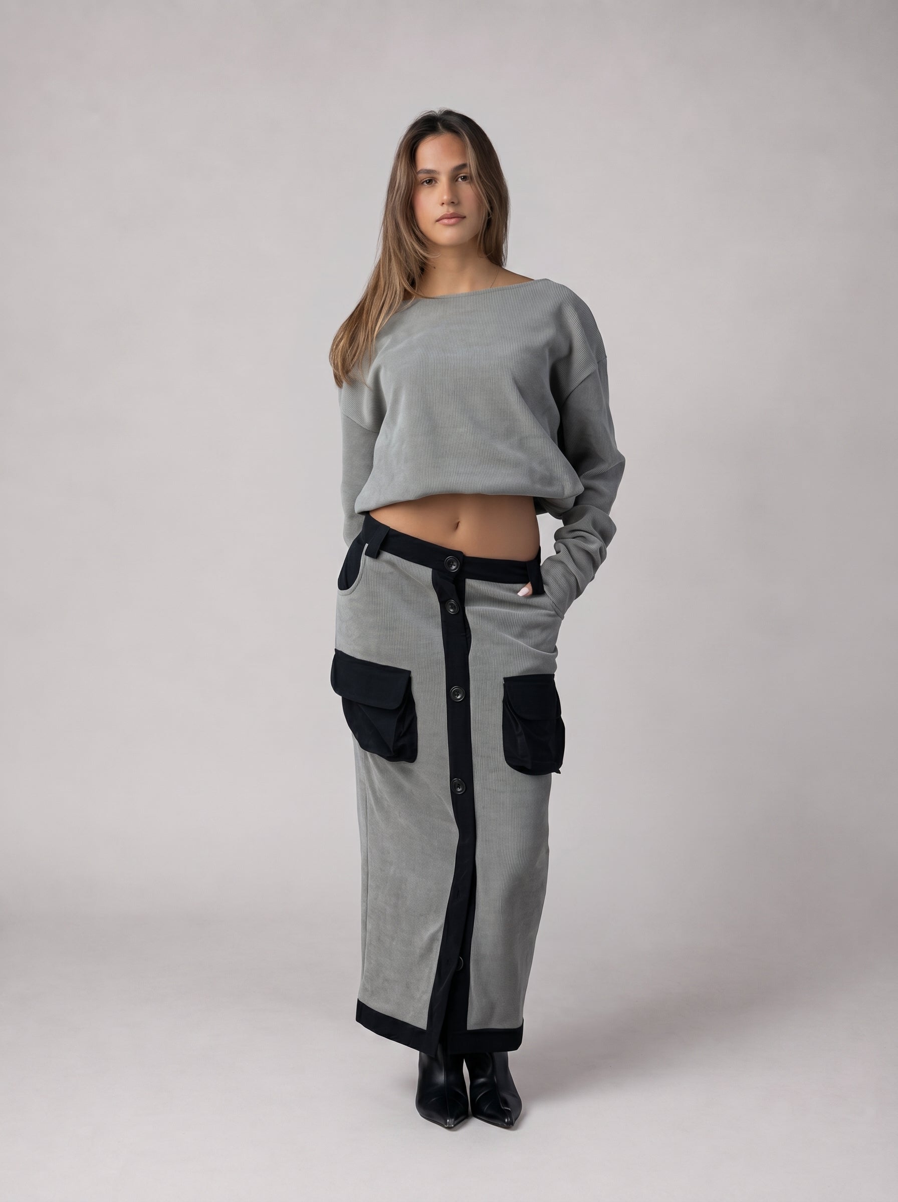 Suede Off-Shoulder Set in Grey