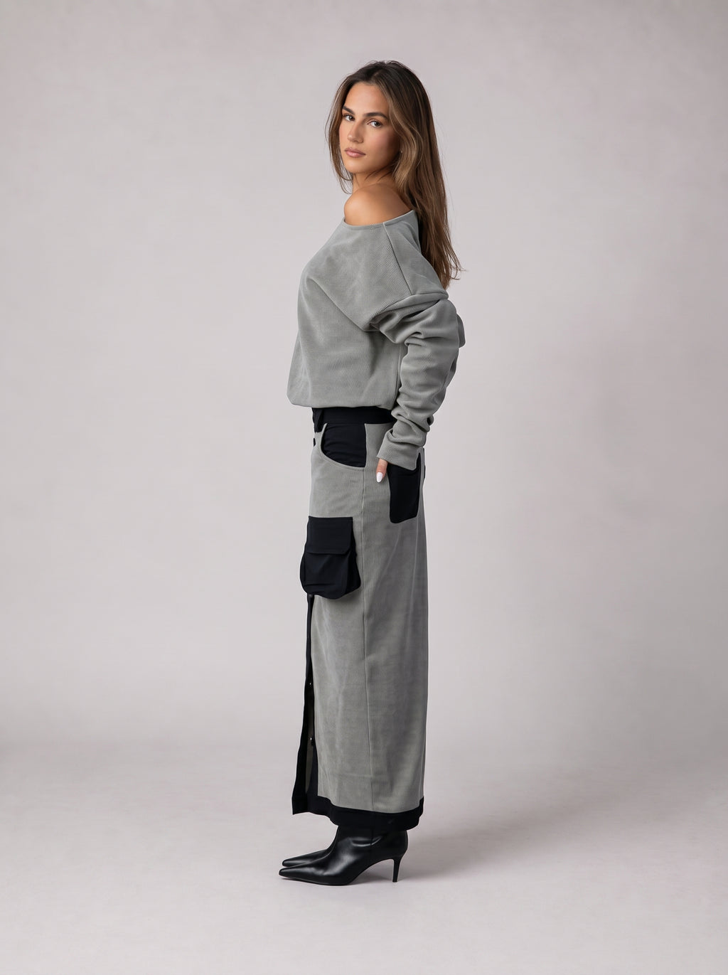 Suede Off-Shoulder Set in Grey