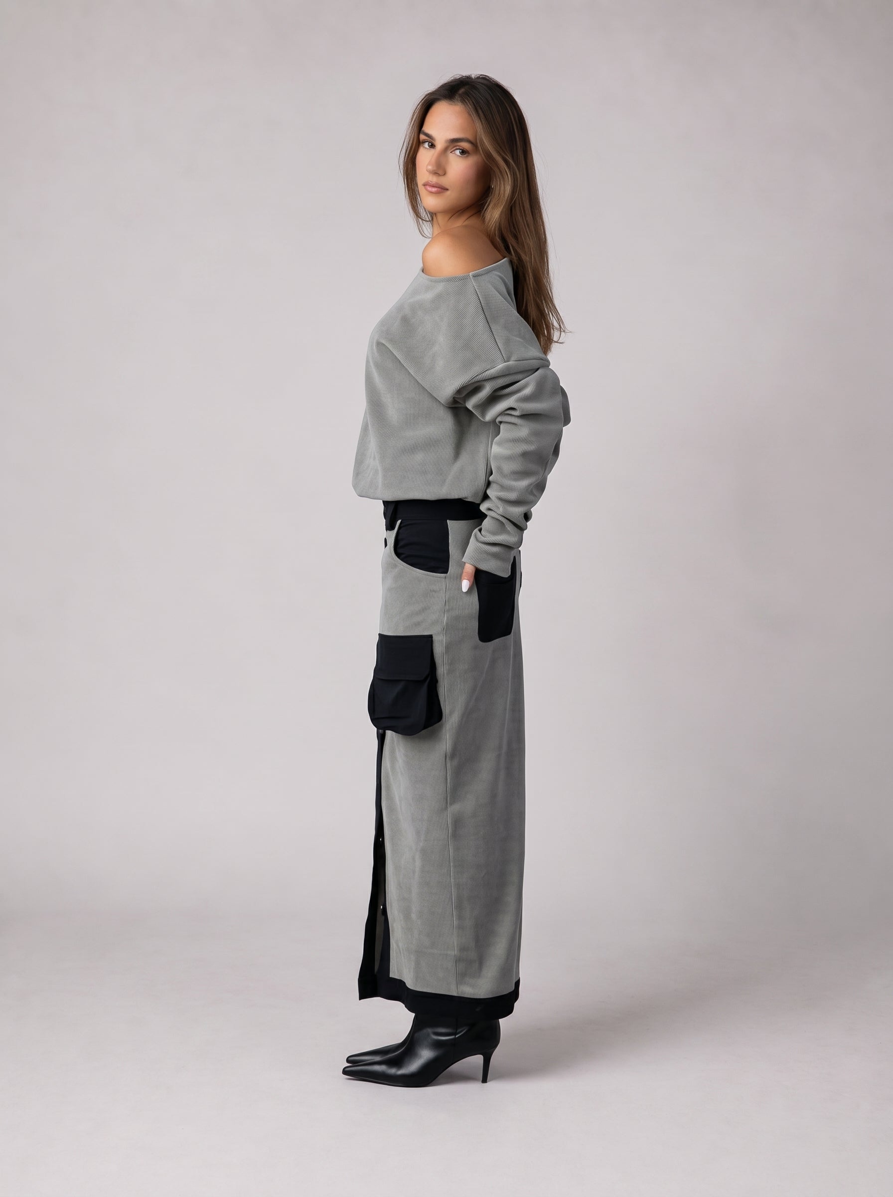 Suede Off-Shoulder Set in Grey