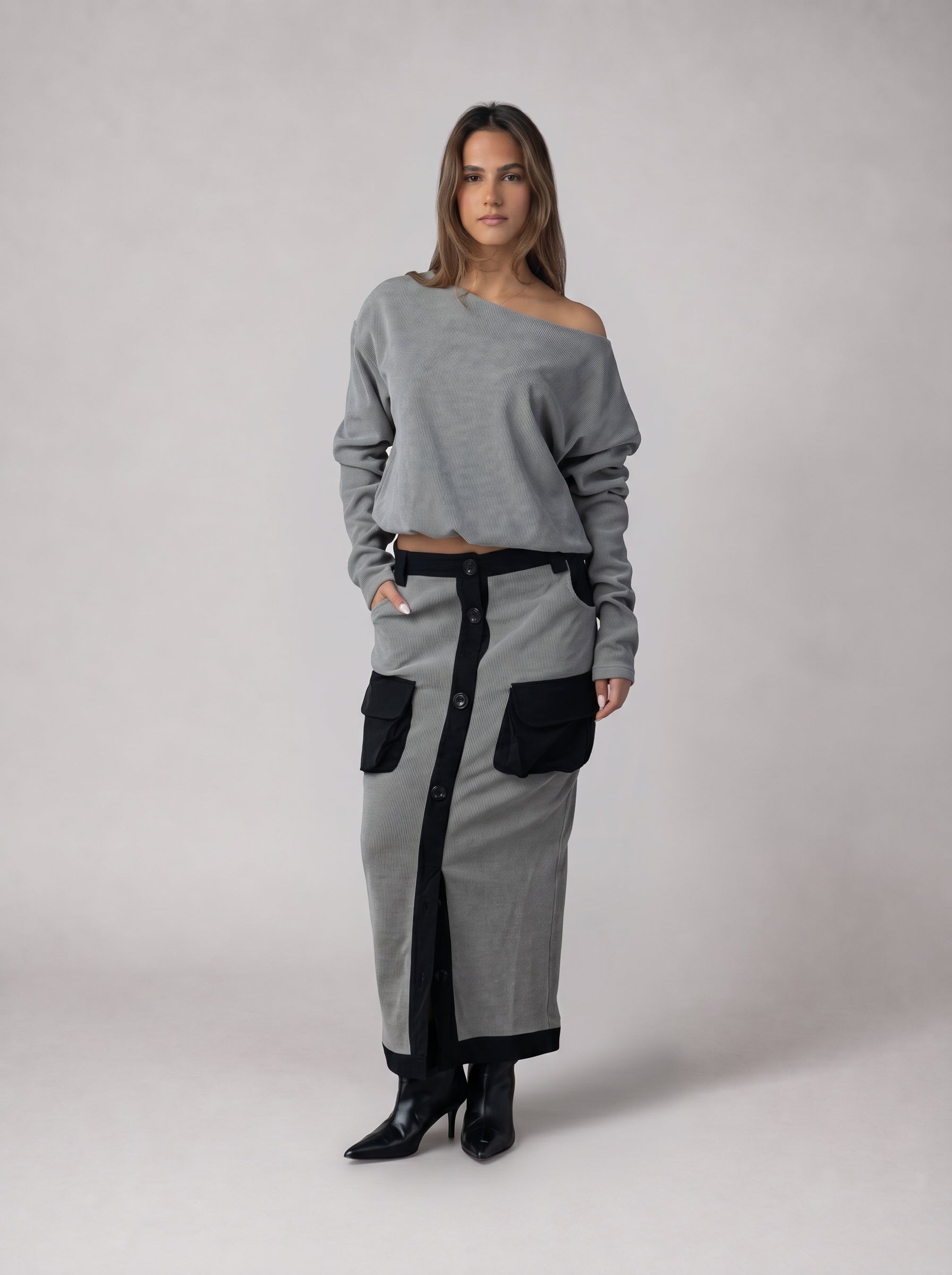 Suede Off-Shoulder Set in Grey