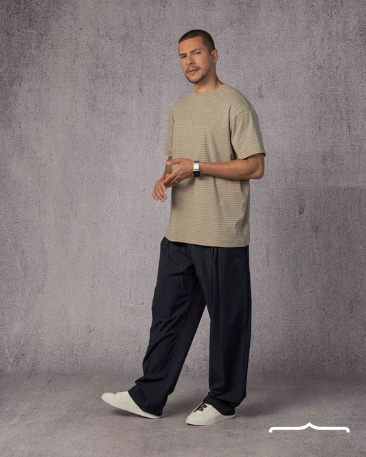 Crew neck Striped Knit T-Shirt in Biege