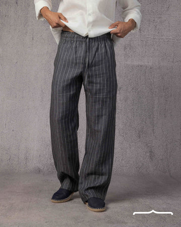 Oversized Striped Linen Pants in Dark Grey