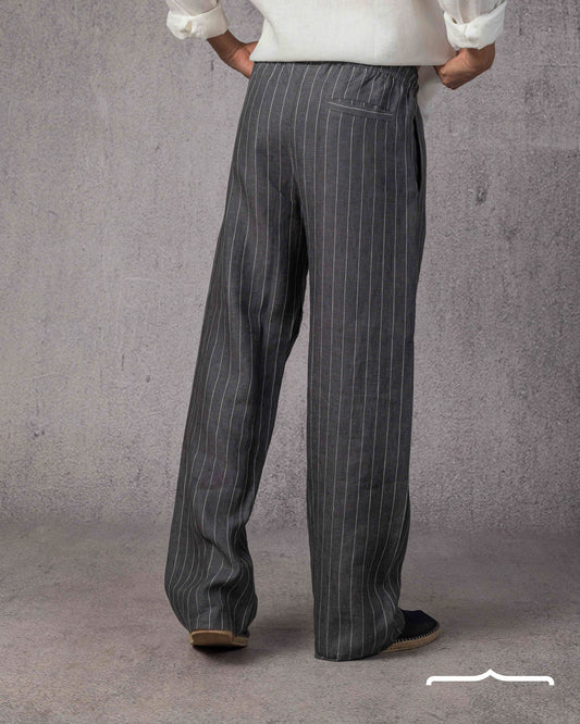 Oversized Striped Linen Pants in Dark Grey