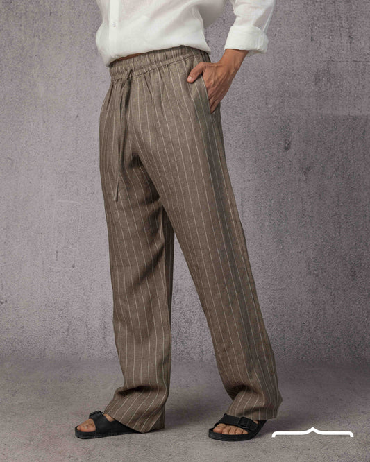 Oversized Striped Linen Pants in Olive
