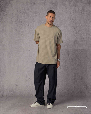 Crew neck Striped Knit T-Shirt in Biege