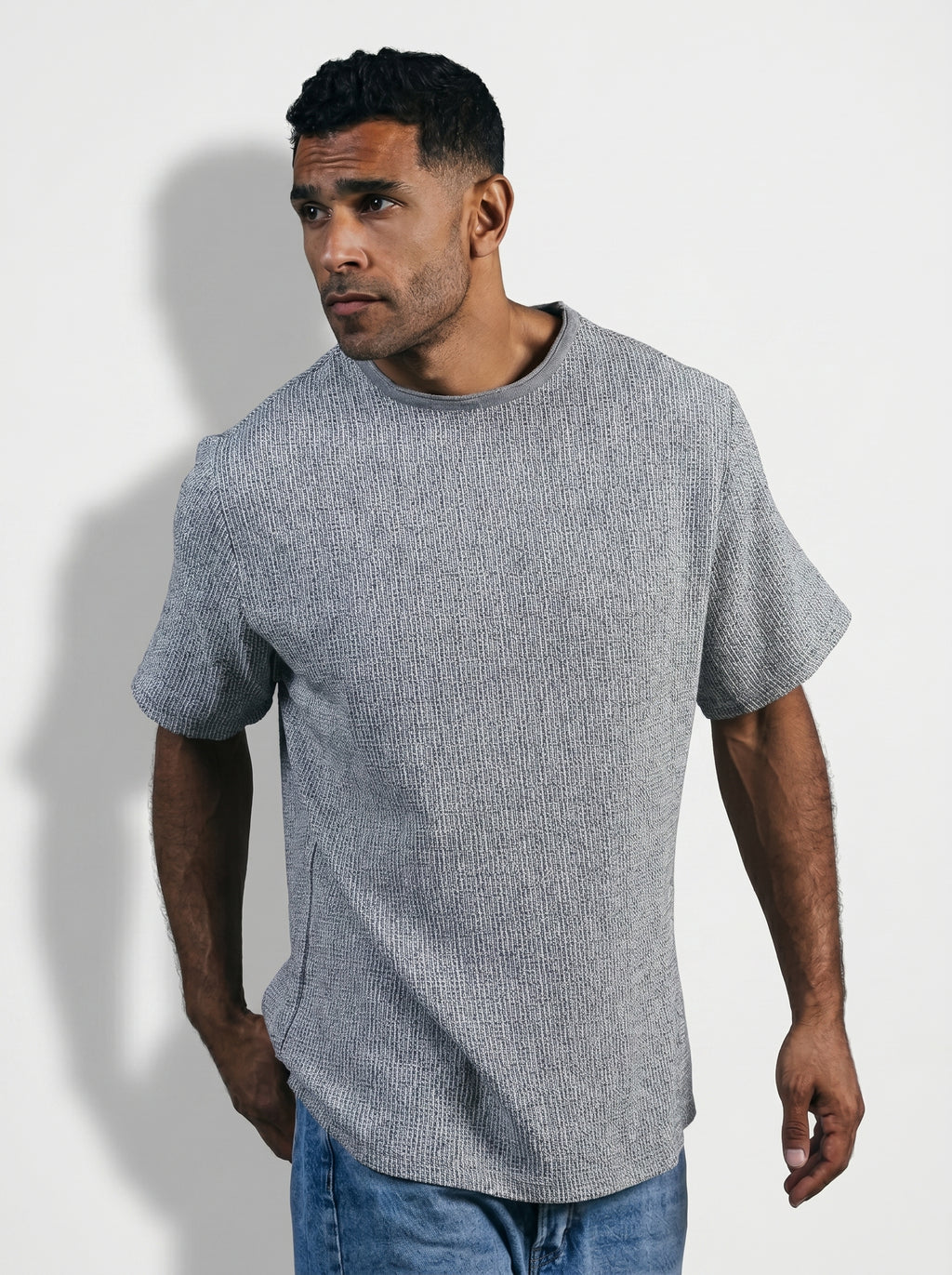 Textured Oversize T-Shirt Raw Edge Coller Dark Grey