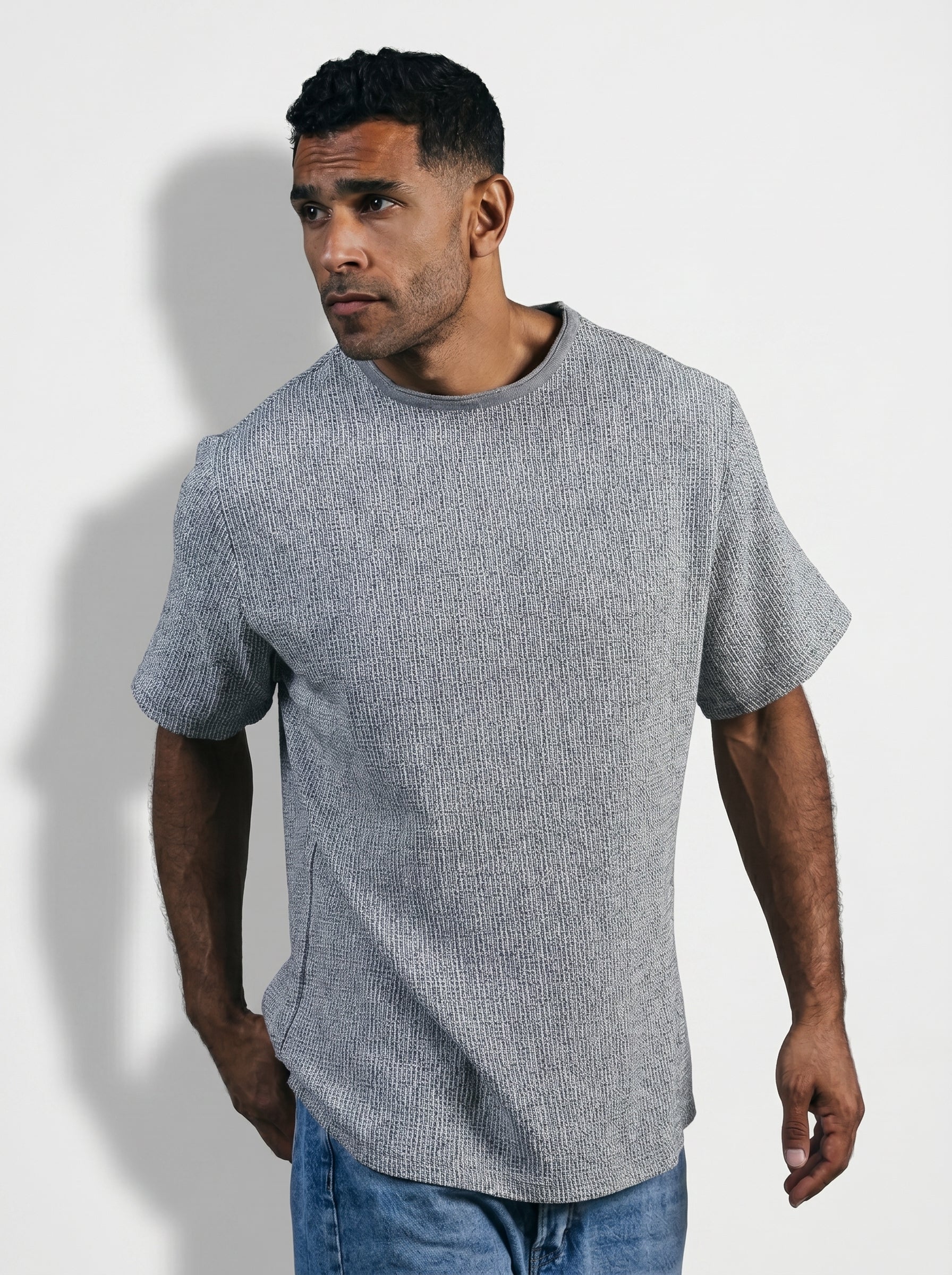 Textured Oversize T-Shirt Raw Edge Coller Dark Grey