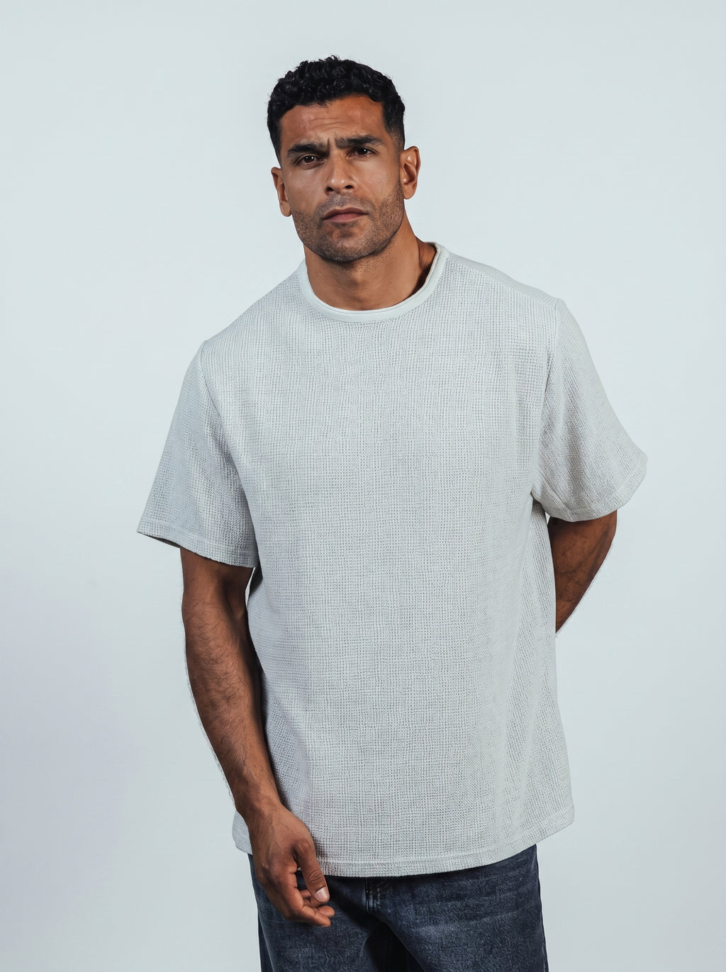Textured Oversize T-shirt Raw Edge Coller Light Grey