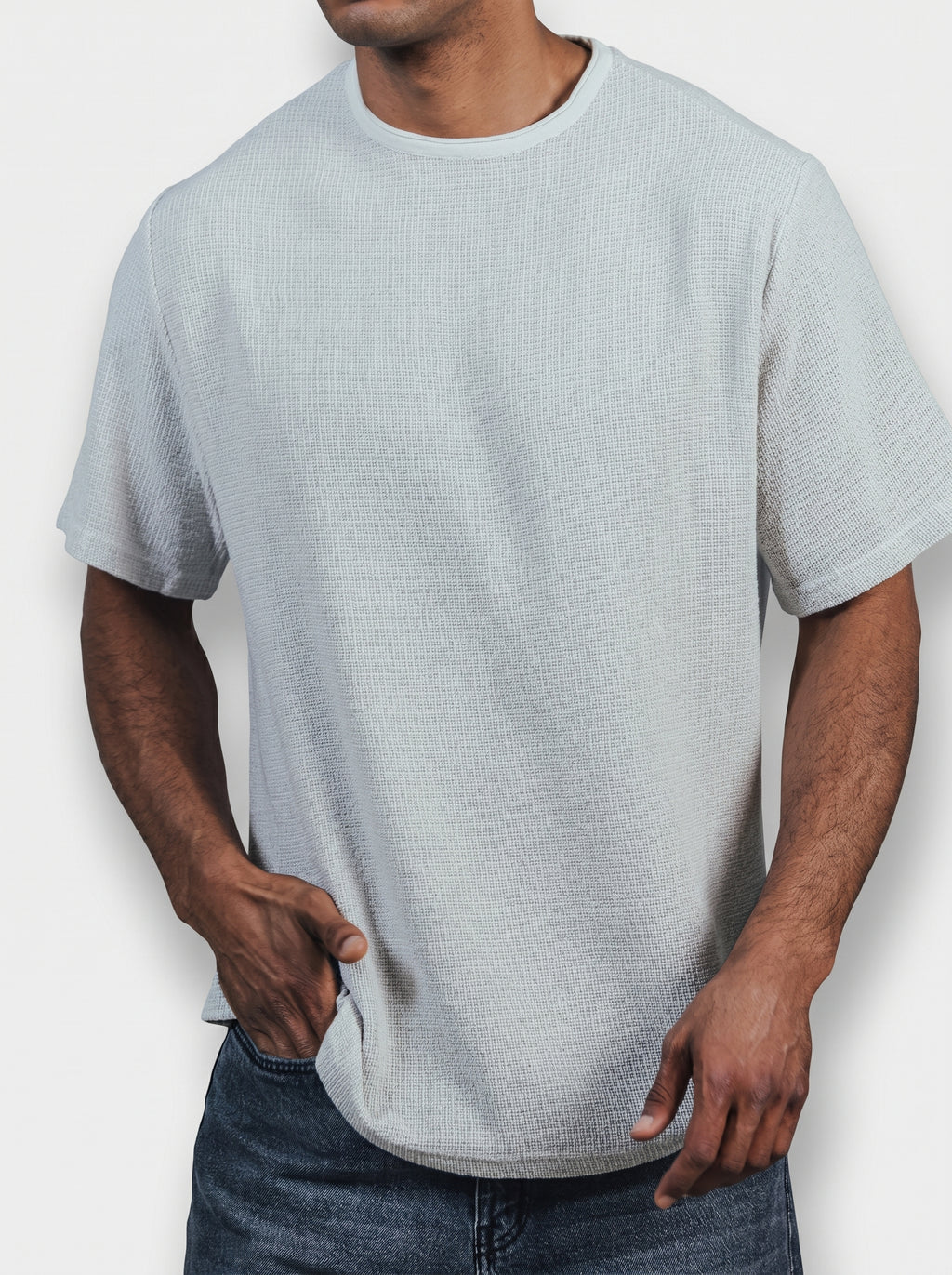 Textured Oversize T-shirt Raw Edge Coller Light Grey
