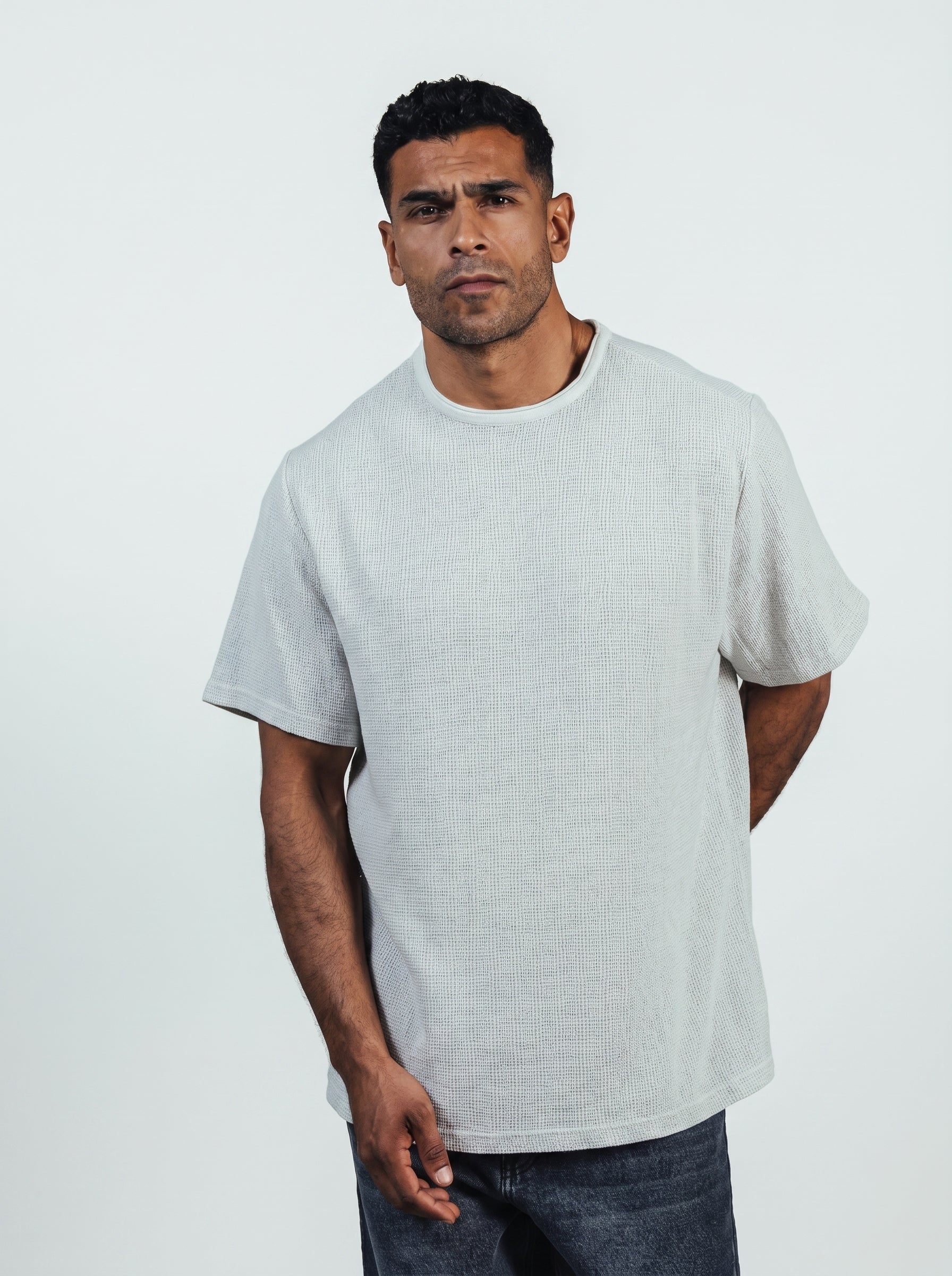 Textured Oversize T-shirt Raw Edge Coller Light Grey
