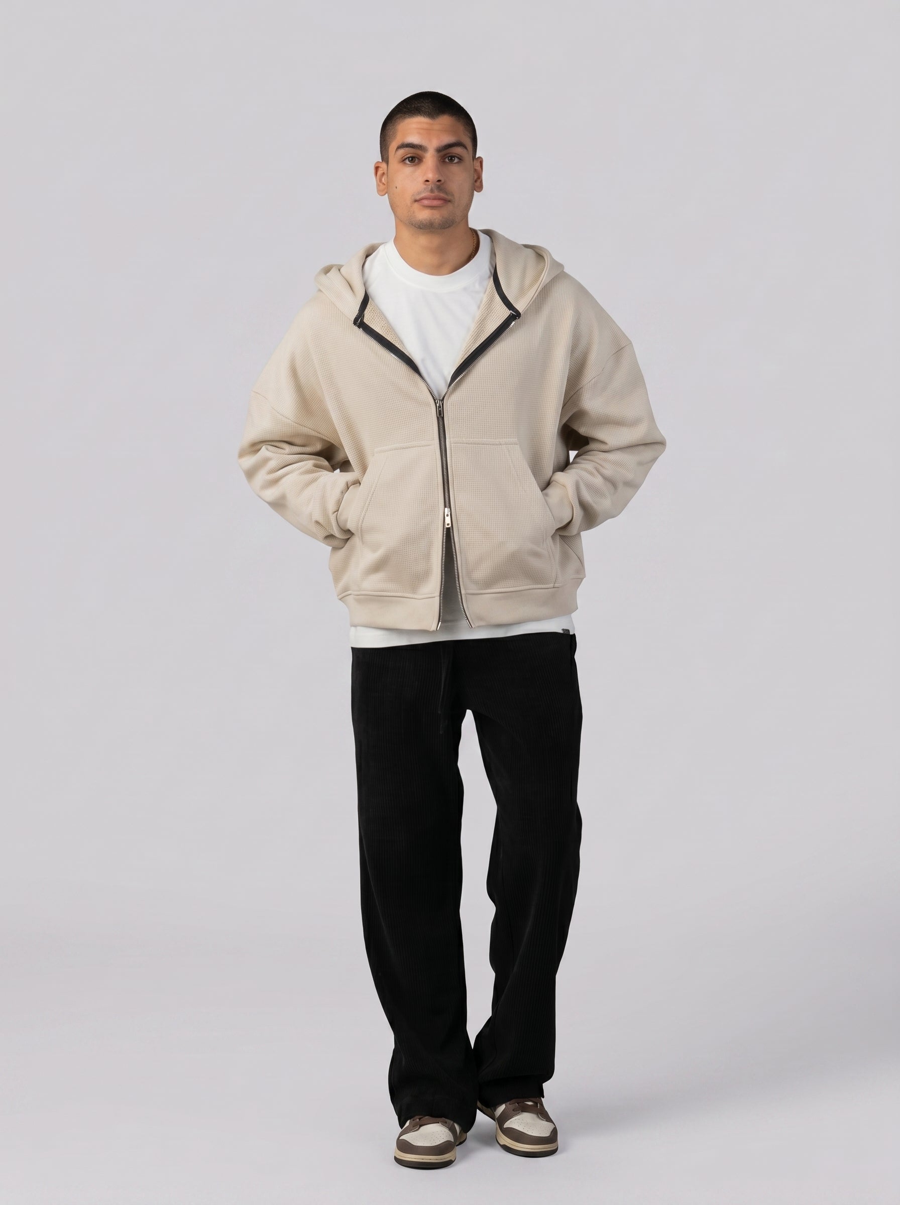 Two-Way Zip Hoodie in Beige