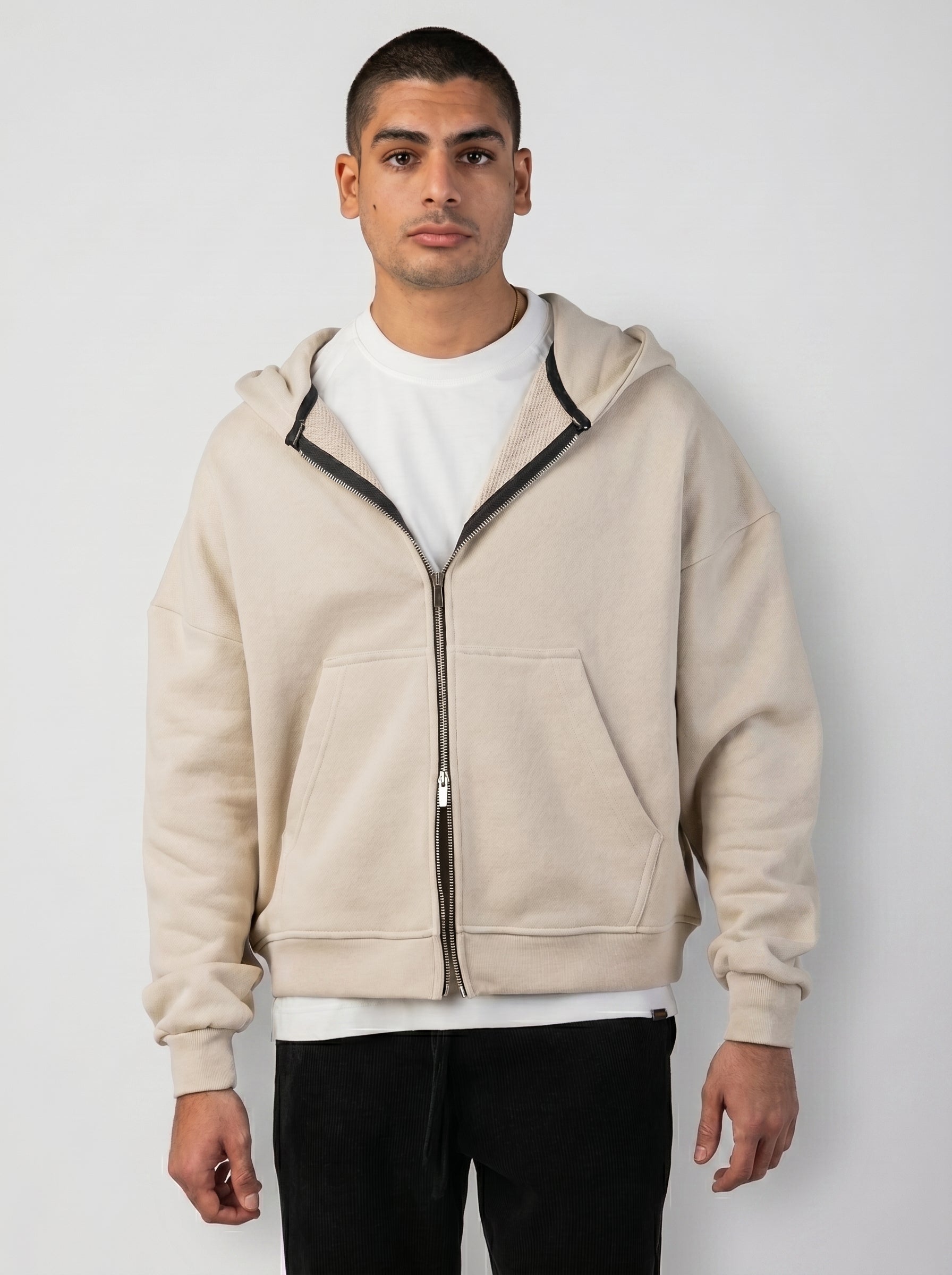 Two-Way Zip Hoodie in Light Olive