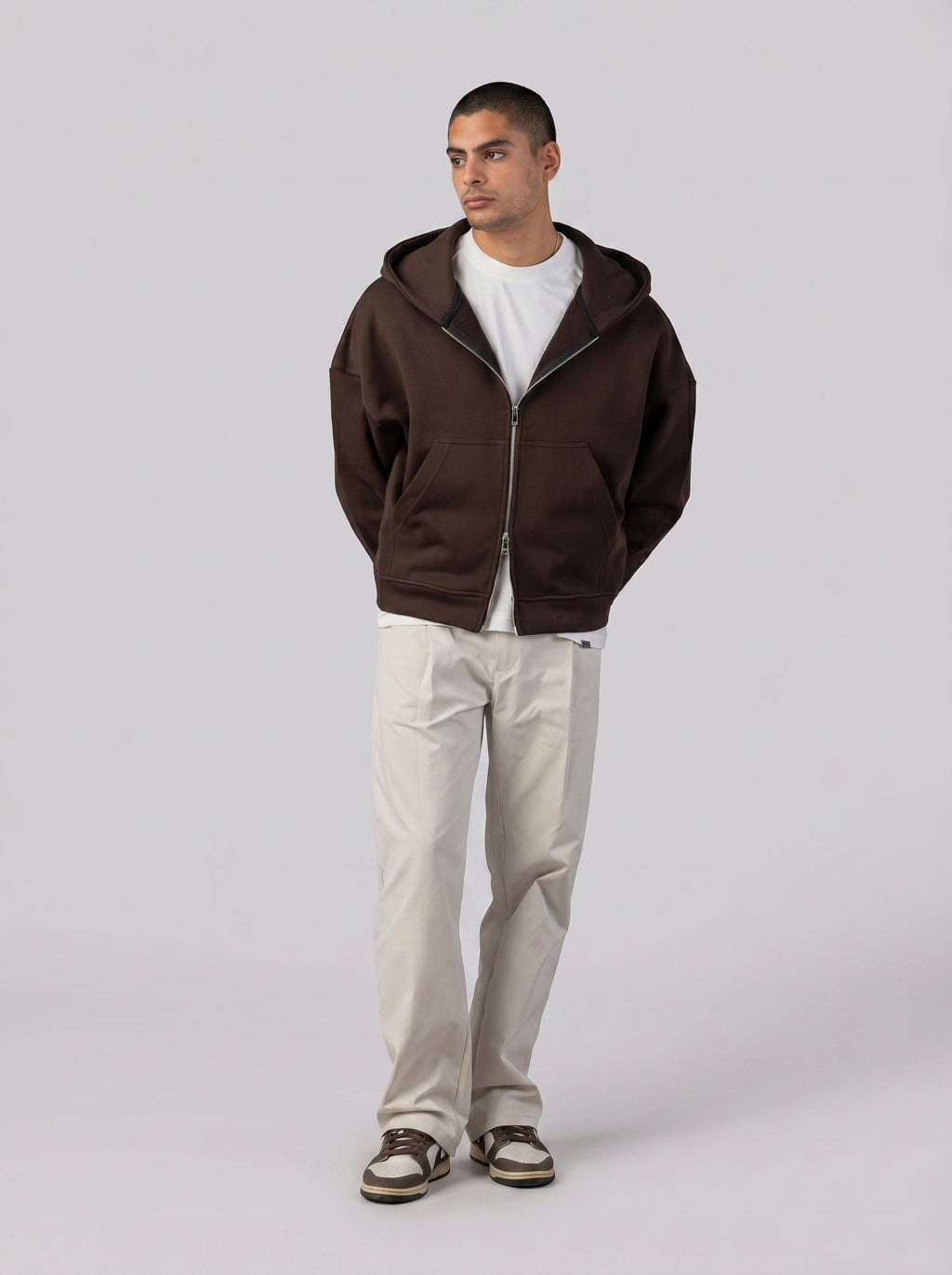 Two-Way Zip Hoodie in Brown