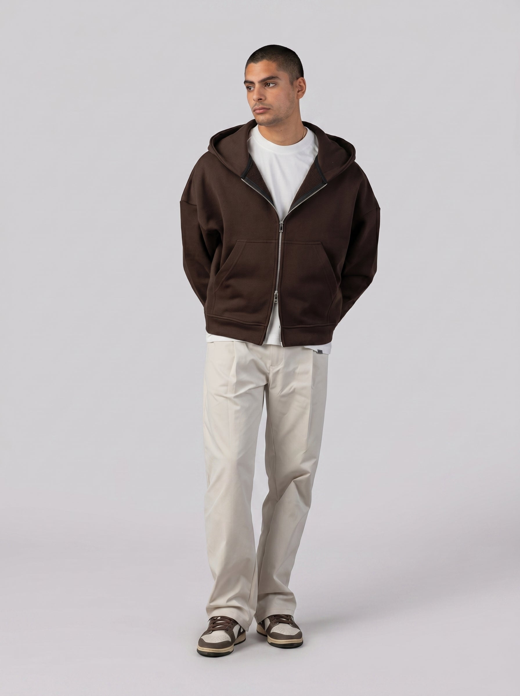 Two-Way Zip Hoodie in Brown