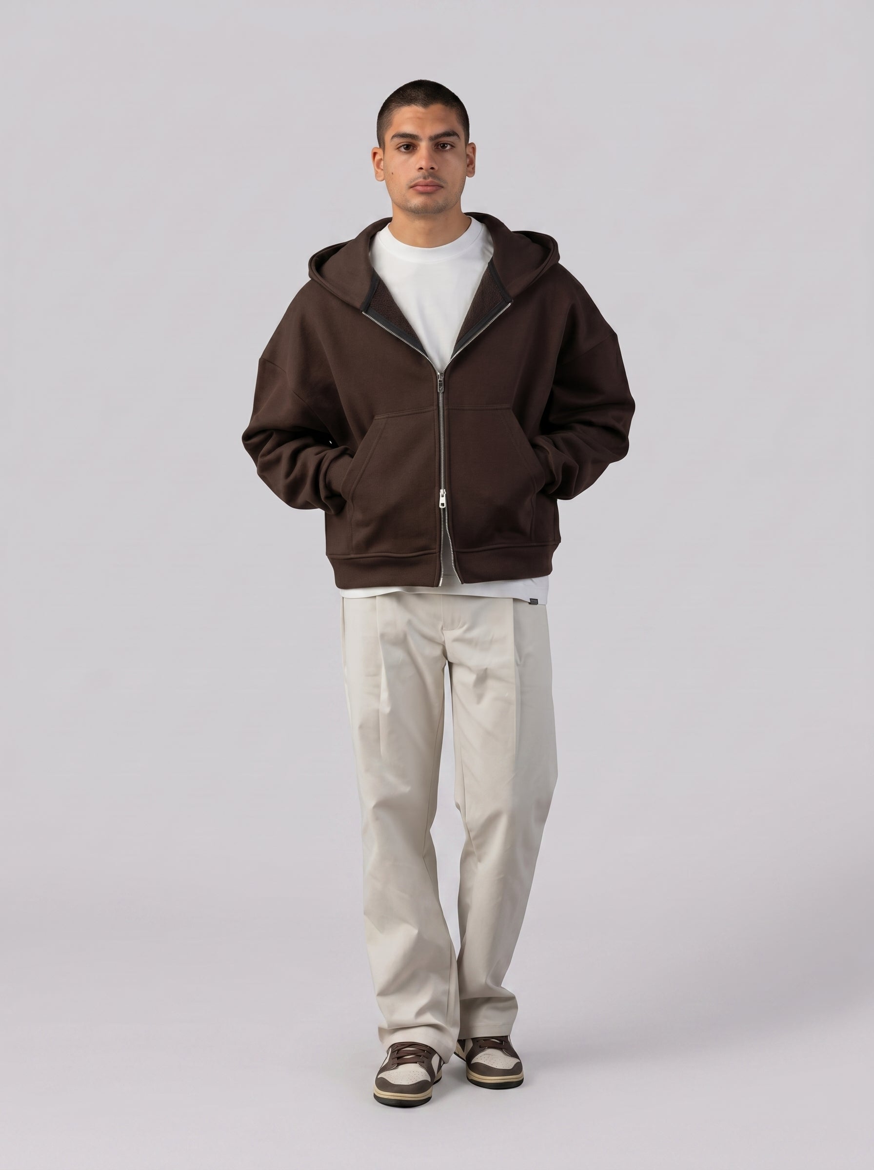 Two-Way Zip Hoodie in Brown