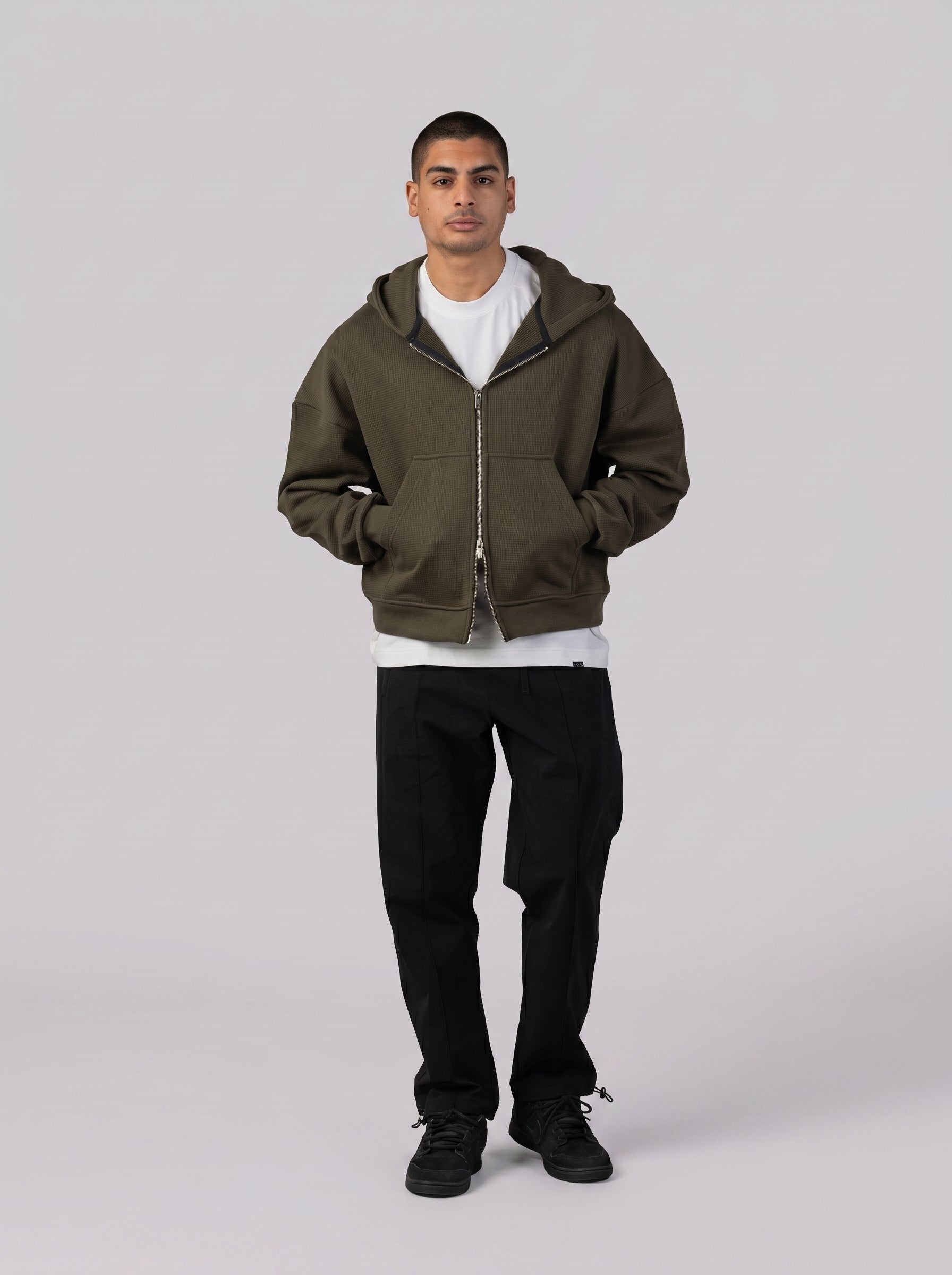 Two-Way Zip Hoodie in Dark Olive