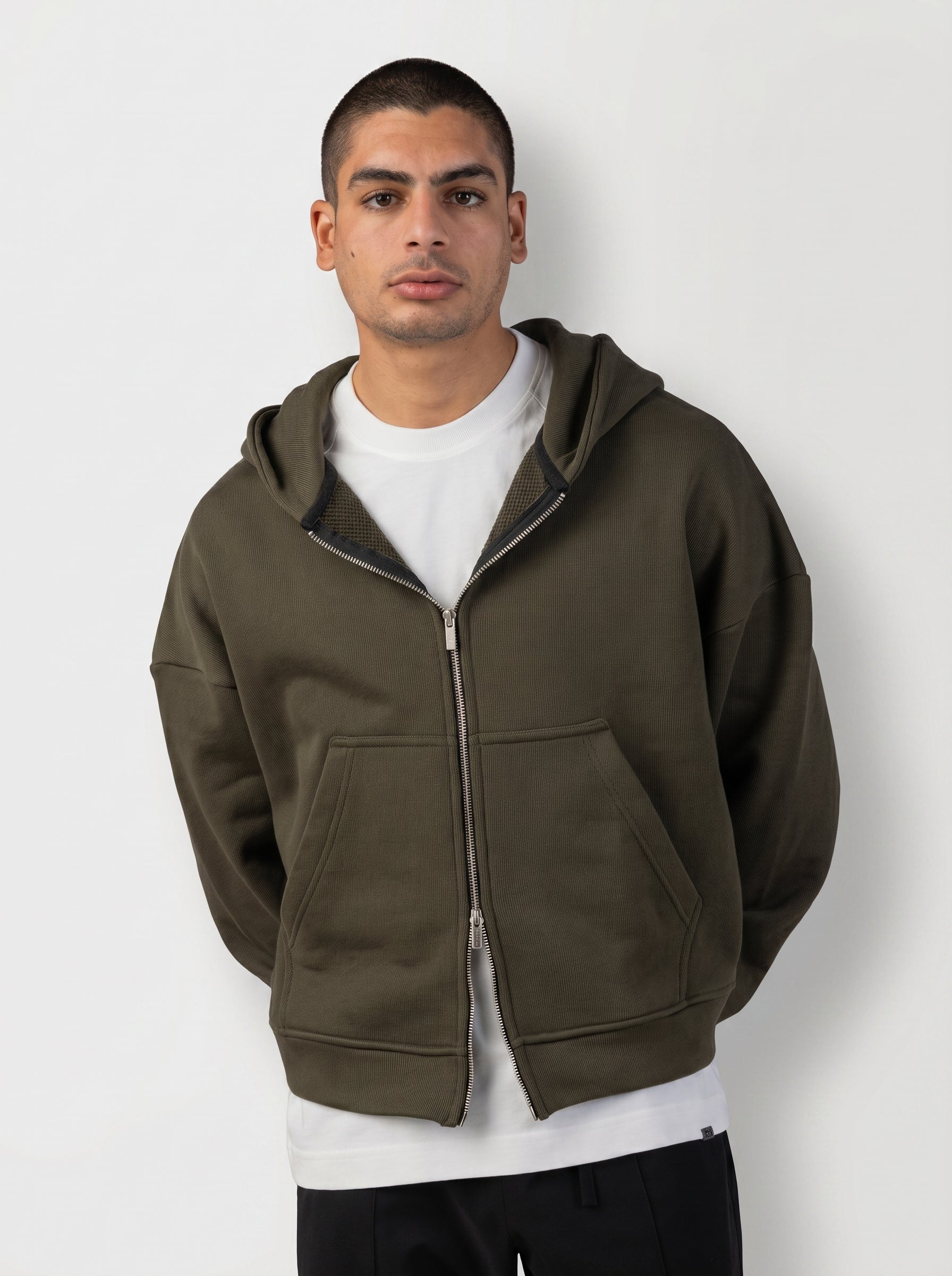 Two-Way Zip Hoodie in Dark Olive