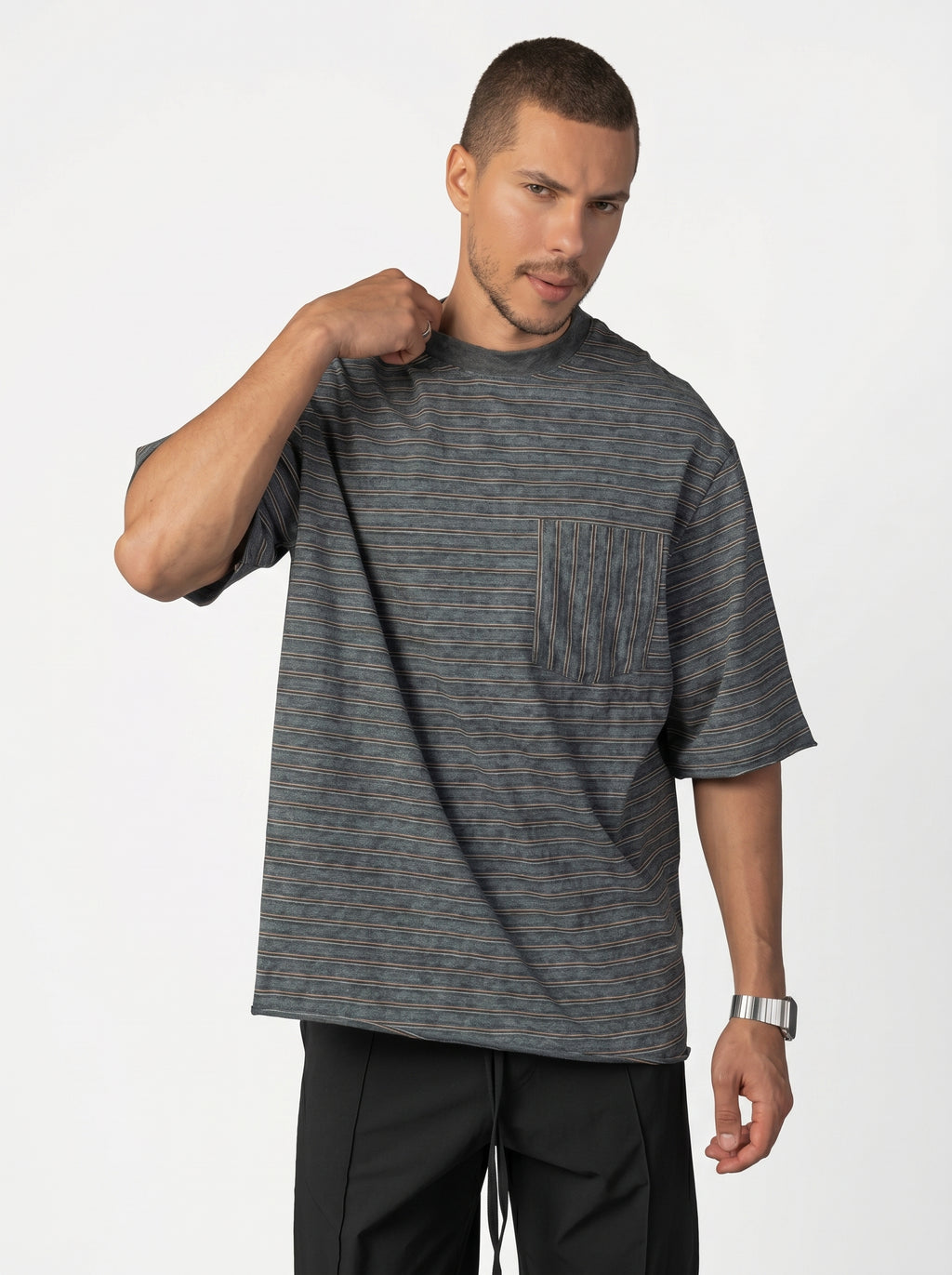Vertical Striped Pocket T-Shirt in Washed Olive